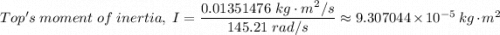Top's \ moment \ of \ inertia, \ I = \dfrac{0.01351476  \ kg \cdot m^2/s}{145.21 \ rad/s} \approx 9.307044 \times 10^{-5} \ kg\cdot m^2