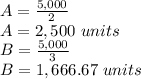 A =\frac{5,000}{2}\\ A=2,500\ units\\B =\frac{5,000}{3}\\ B=1,666.67\ units\\