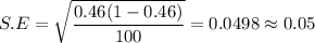 S.E = \sqrt{\dfrac{0.46(1-0.46)}{100}} = 0.0498\approx 0.05