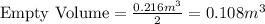 \text{Empty Volume} = \frac{0.216m^3}{2} = 0.108m^3