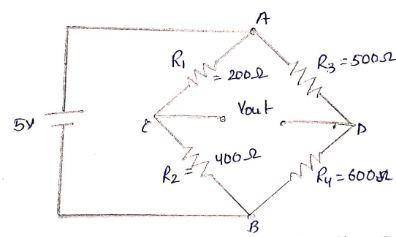 A Wheatstone bridge initially has resistances equal to R1 = 200Ω, R2 = 400Ω, R3=500Ω and R4=600Ω. Fo