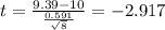 t=\frac{9.39-10}{\frac{0.591}{\sqrt{8}}}=-2.917