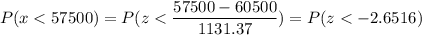 P( x < 57500) = P( z < \displaystyle\frac{57500 - 60500}{1131.37}) = P(z