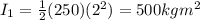 I_1=\frac{1}{2}(250)(2^2)=500 kgm^2