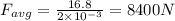F_{avg}=\frac{16.8}{2\times 10^{-3}}=8400 N