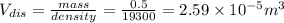 V_{dis}=\frac{mass}{density}=\frac{0.5}{19300}=2.59\times 10^{-5}m^3