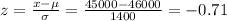 z=\frac{x-\mu}{\sigma}=\frac{45000-46000}{1400}=-0.71
