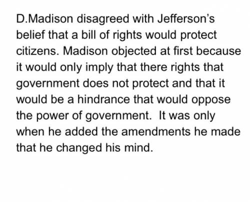 What is the primary difference between jefferson’s and madison’s beliefs about the bill of rights?