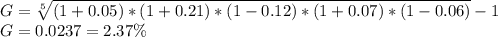 G=\sqrt[5]{(1+0.05)*(1+0.21)*(1-0.12)*(1+0.07)*(1-0.06)}-1\\G=0.0237=2.37\%