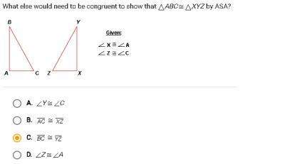 What else would need to be congruent to show that abc = xyz by asa?
