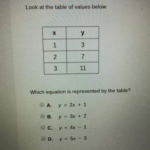 Which equation is represented by the table?  a. y=2x+1 b. y=3x+2 c. y=4x-1 &lt;