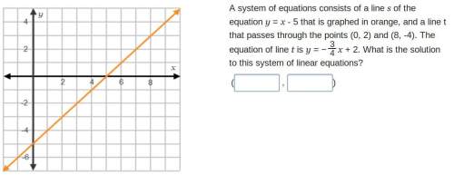 Asystem of equations consists of a line s of the equation y = x - 5 that is graphed in orange, and a