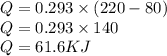 Q = 0.293 \times (220-80) \\ Q= 0.293 \times 140  \\ Q= 61.6 KJ