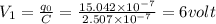 V_1=\frac{q_0}{C}=\frac{15.042\times 10^{-7}}{2.507\times 10^{-7}}=6volt