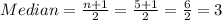 Median=\frac{n+1}{2}=\frac{5+1}{2} =\frac{6}{2} =3