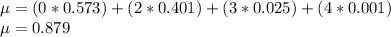 \mu = (0*0.573) + (2*0.401) + (3*0.025) + (4*0.001)\\\mu = 0.879