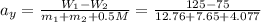 a_y =\frac{W_1 -W_2}{m_1 +m_2 +0.5M} =\frac{125 -75}{12.76 +7.65 +4.077}