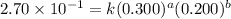 2.70\times 10^{-1}=k(0.300)^a(0.200)^b