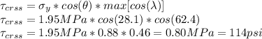 \tau_{crss} = \sigma_y*cos(\theta)*max[cos(\lambda)]\\\tau_{crss} = 1.95MPa*cos(28.1)*cos(62.4)\\\tau_{crss}=1.95MPa*0.88*0.46=0.80MPa = 114psi