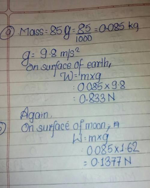 A) How much does an 85g apple weight on the surface of the Earth? (gEarth = 9.8 m/s2) b) And on the