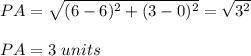 PA=\sqrt{(6-6)^{2}+(3-0)^{2}  } = \sqrt{3^{2} } \\\\PA= 3\  units