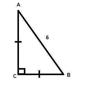 In the right triangle shown, AC = BCAC=BCA, C, equals, B, C and AB = 6AB=6A, B, equals, 6. How long