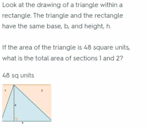 If the area of the triangle is 48 square units, what is the total area of sections 1 and 2?