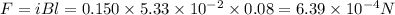 F=iBl=0.150\times 5.33\times 10^{-2}\times 0.08=6.39\times 10^{-4}N