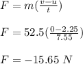 F = m(\frac{v-u}{t} )\\\\F = 52.5(\frac{0-2.25}{7.55})\\\\F = -15.65 \ N