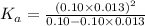 K_a=\frac{(0.10\times 0.013)^{2}}{0.10-0.10\times 0.013}