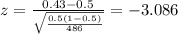 z=\frac{0.43 -0.5}{\sqrt{\frac{0.5(1-0.5)}{486}}}=-3.086
