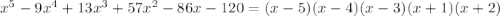 x^5-9x^4+13x^3+57x^2-86x-120=(x-5)(x-4)(x-3)(x+1)(x+2)