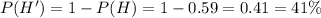 P(H')=1-P(H)=1-0.59=0.41=41\%