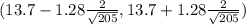 ( 13.7 -1.28\frac{2}{\sqrt{205} } , 13.7 + 1.28\frac{2}{\sqrt{205} } )