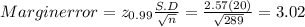 Margin error=z_{0.99} \frac{S.D}{\sqrt{n } }=\frac{2.57 (20)}{\sqrt{289} }= 3.02