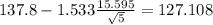 137.8-1.533\frac{15.595}{\sqrt{5}}=127.108
