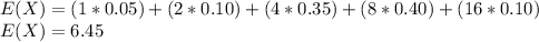 E(X) = (1*0.05) + (2*0.10) + (4*0.35) + (8*0.40) + (16*0.10)\\E(X) = 6.45