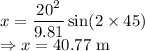 x=\dfrac{20^2}{9.81}\sin(2\times 45)\\\Rightarrow x=40.77\ \text{m}