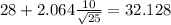 28+2.064\frac{10}{\sqrt{25}}=32.128