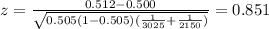 z=\frac{0.512-0.500}{\sqrt{0.505(1-0.505)(\frac{1}{3025}+\frac{1}{2150})}}=0.851