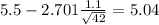 5.5-2.701\frac{1.1}{\sqrt{42}}=5.04