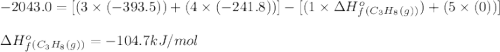 -2043.0=[(3\times (-393.5))+(4\times (-241.8))]-[(1\times \Delta H^o_f_{(C_3H_8(g))})+(5\times (0))]\\\\\Delta H^o_f_{(C_3H_8(g))}=-104.7kJ/mol