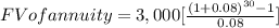 FV of annuity = 3,000 [\frac{(1 + 0.08)^{30} - 1}{0.08} ]