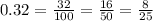 0.32 =  \frac{32}{100}  =  \frac{16}{50}  =  \frac{8}{25}
