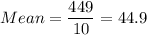Mean =\displaystyle\frac{449}{10} = 44.9