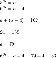 5^{th}=a\\6^{th}=a+4\\\\a+(a+4)=162\\\\2a=158\\\\a=79\\\\6^{th}=a+4=79+4=83