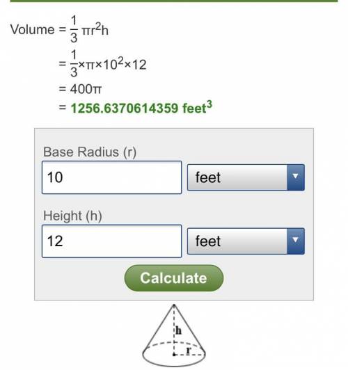 What is the approximate volume of a cone if the radius is 10 in the heights at 12