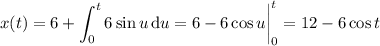 x(t)=6+\displaystyle\int_0^t6\sin u\,\mathrm du=6-6\cos u\bigg|_0^t=12-6\cos t