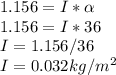 1.156= I * \alpha\\1.156 = I * 36\\I = 1.156/36\\I = 0.032 kg/m^{2}