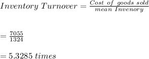Inventory \ Turnover=\frac{Cost \ of \ goods \ sold}{mean \ Invenory}\\\\\\=\frac{7055}{1324}\\\\=5.3285\ times